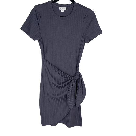 Evereve XSmall Blue Short Sleeve Ribbed Dress Tie Wrap Skirt Crew Neck Stretch - Picture 1 of 9
